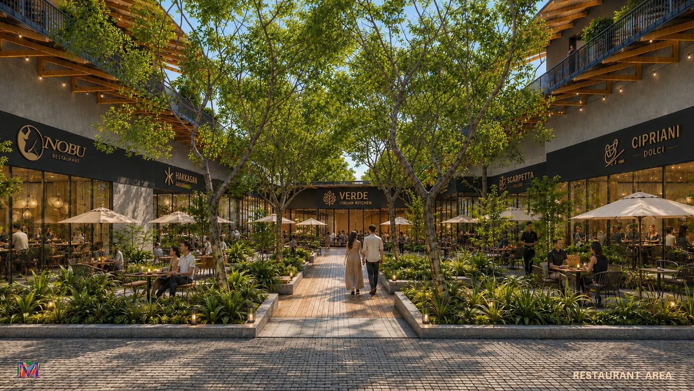 Tree-shaded fine-dining walkway